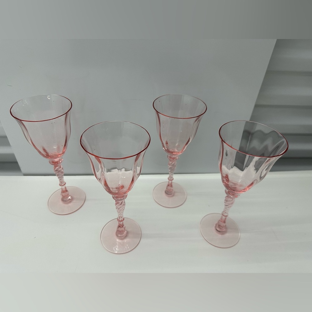 Pink Depression Glass Swirl Stem Goblets - set of 4